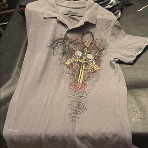 Stranded Gray and Gold Graphic Polo Shirt